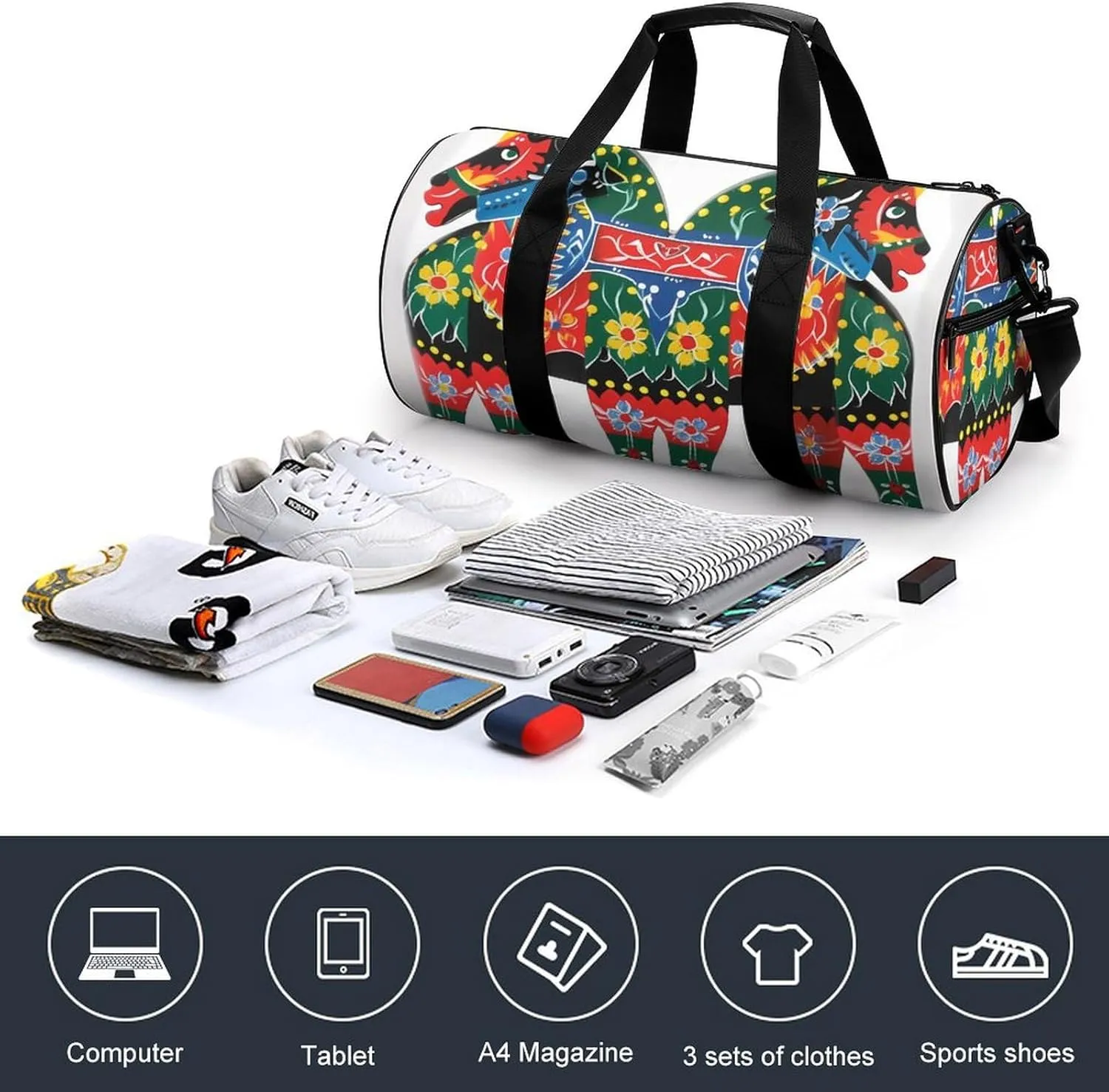 Runner Swedish Dala Horse Folk Duffel Bag for Men Women Gym Bag Sports Small Overnight Bag for Travel Weekender