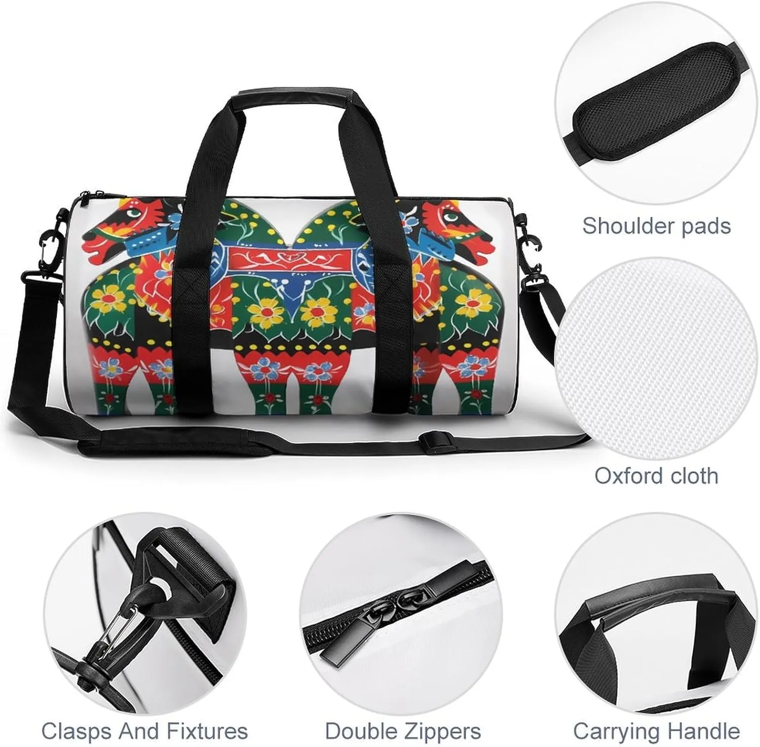Runner Swedish Dala Horse Folk Duffel Bag for Men Women Gym Bag Sports Small Overnight Bag for Travel Weekender