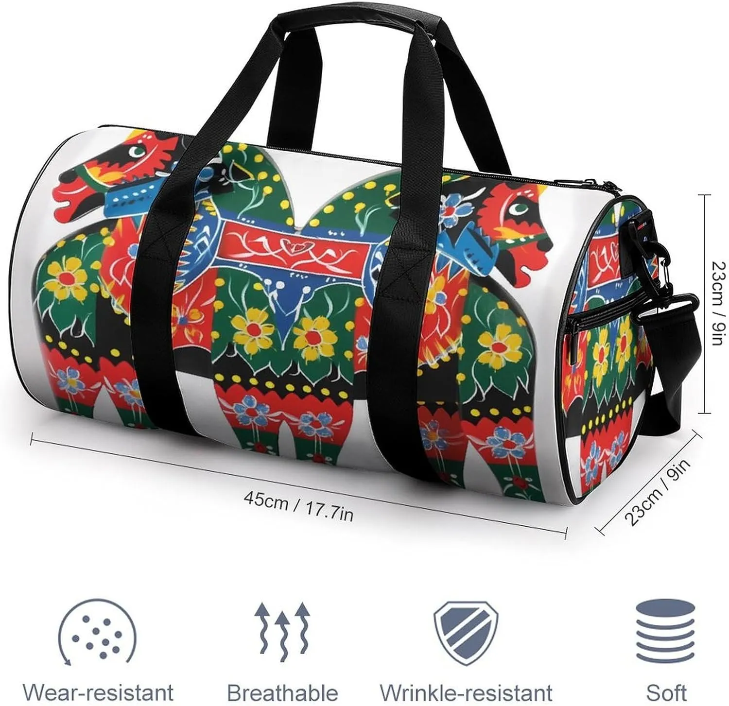 Runner Swedish Dala Horse Folk Duffel Bag for Men Women Gym Bag Sports Small Overnight Bag for Travel Weekender