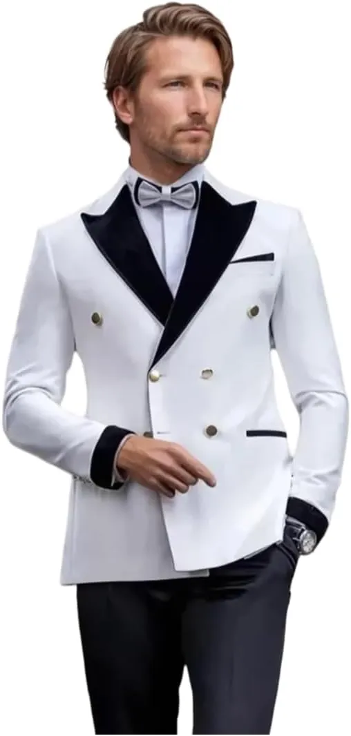SAINLY Men's White Double Breasted Tuxedo 2 Piece Suit for Groom Wedding Party Wear Suit Outwear Dinner Suit