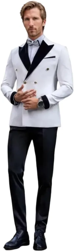 SAINLY Men's White Double Breasted Tuxedo 2 Piece Suit for Groom Wedding Party Wear Suit Outwear Dinner Suit