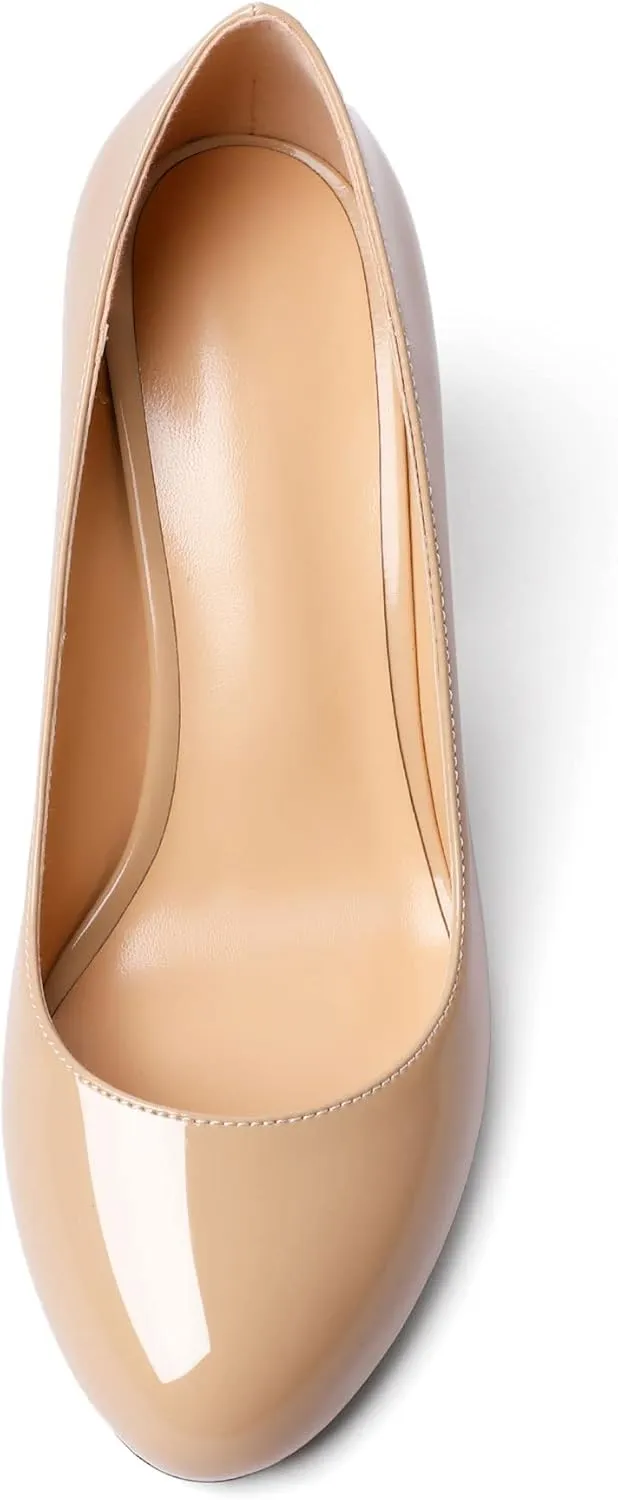 SAMMITOP Women's Chunky Block High Heeled Round Closed Toe Pumps Slip on Heels Comfortable Casual Wedding Dress Shoes