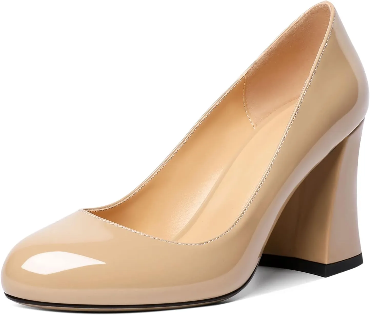 SAMMITOP Women's Chunky Block High Heeled Round Closed Toe Pumps Slip on Heels Comfortable Casual Wedding Dress Shoes