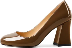 SAMMITOP Women's Chunky Block High Heeled Round Closed Toe Pumps Slip on Heels Comfortable Casual Wedding Dress Shoes