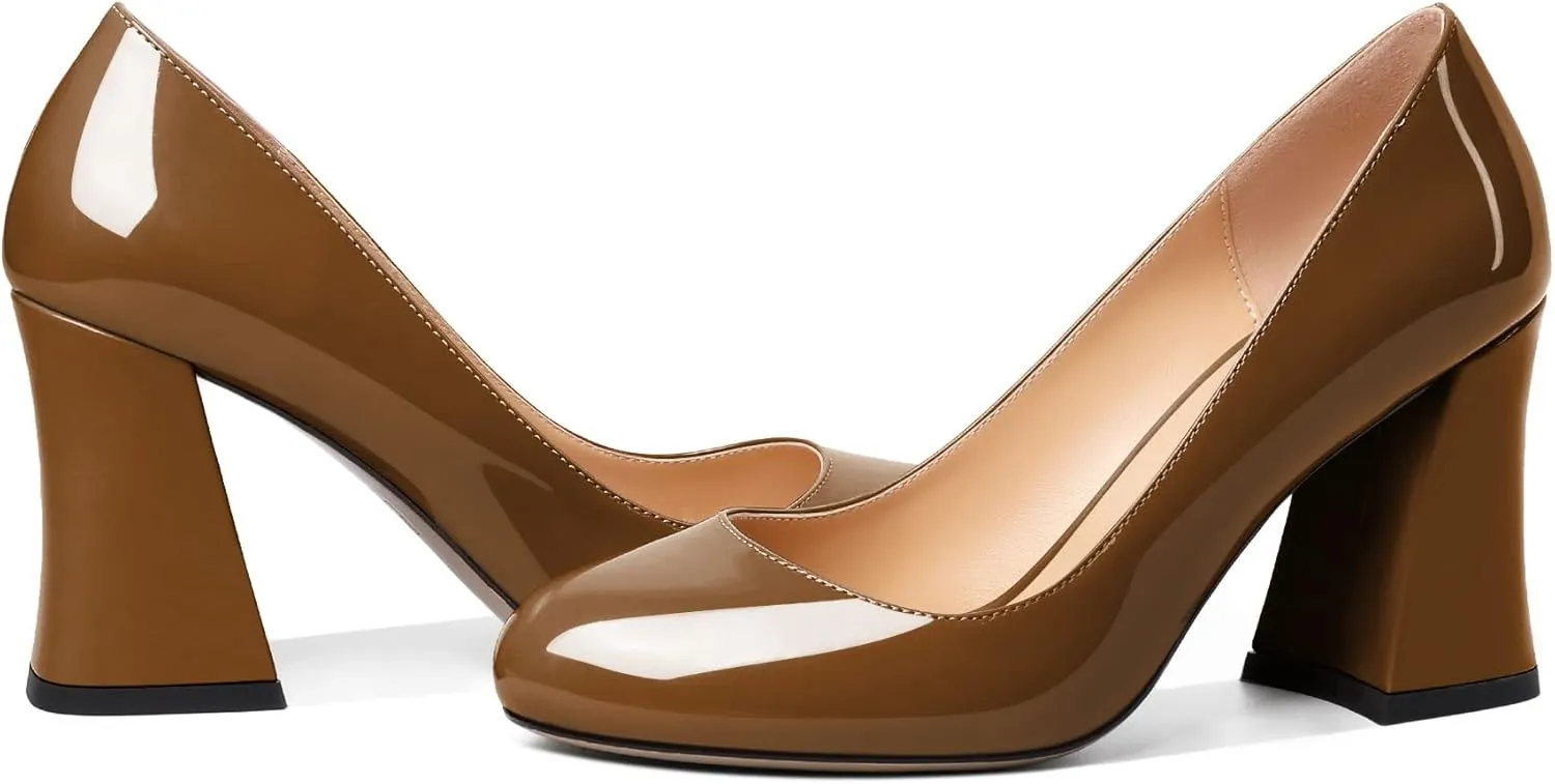 SAMMITOP Women's Chunky Block High Heeled Round Closed Toe Pumps Slip on Heels Comfortable Casual Wedding Dress Shoes
