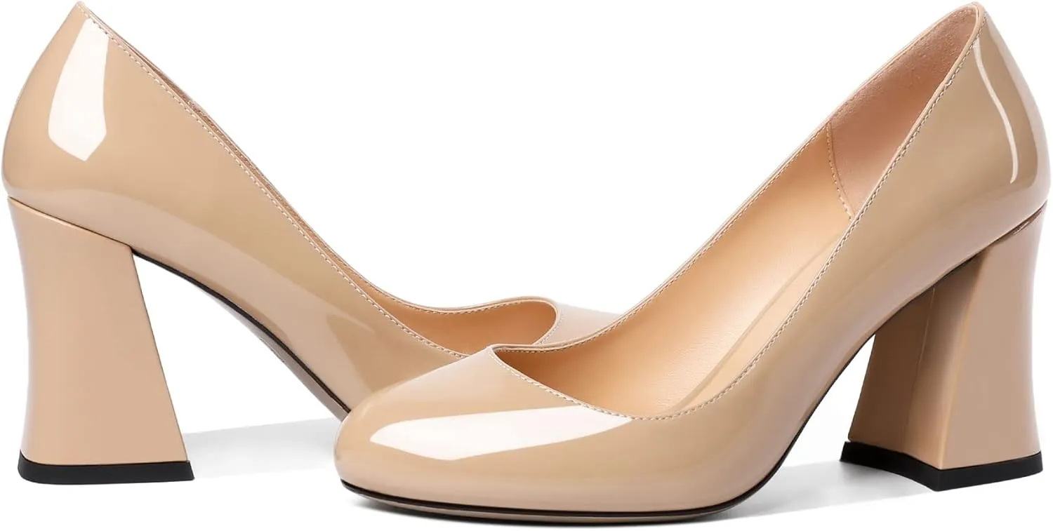 SAMMITOP Women's Chunky Block High Heeled Round Closed Toe Pumps Slip on Heels Comfortable Casual Wedding Dress Shoes