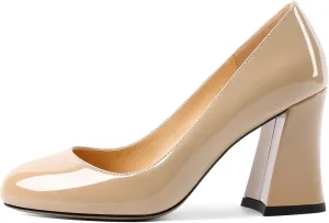 SAMMITOP Women's Chunky Block High Heeled Round Closed Toe Pumps Slip on Heels Comfortable Casual Wedding Dress Shoes