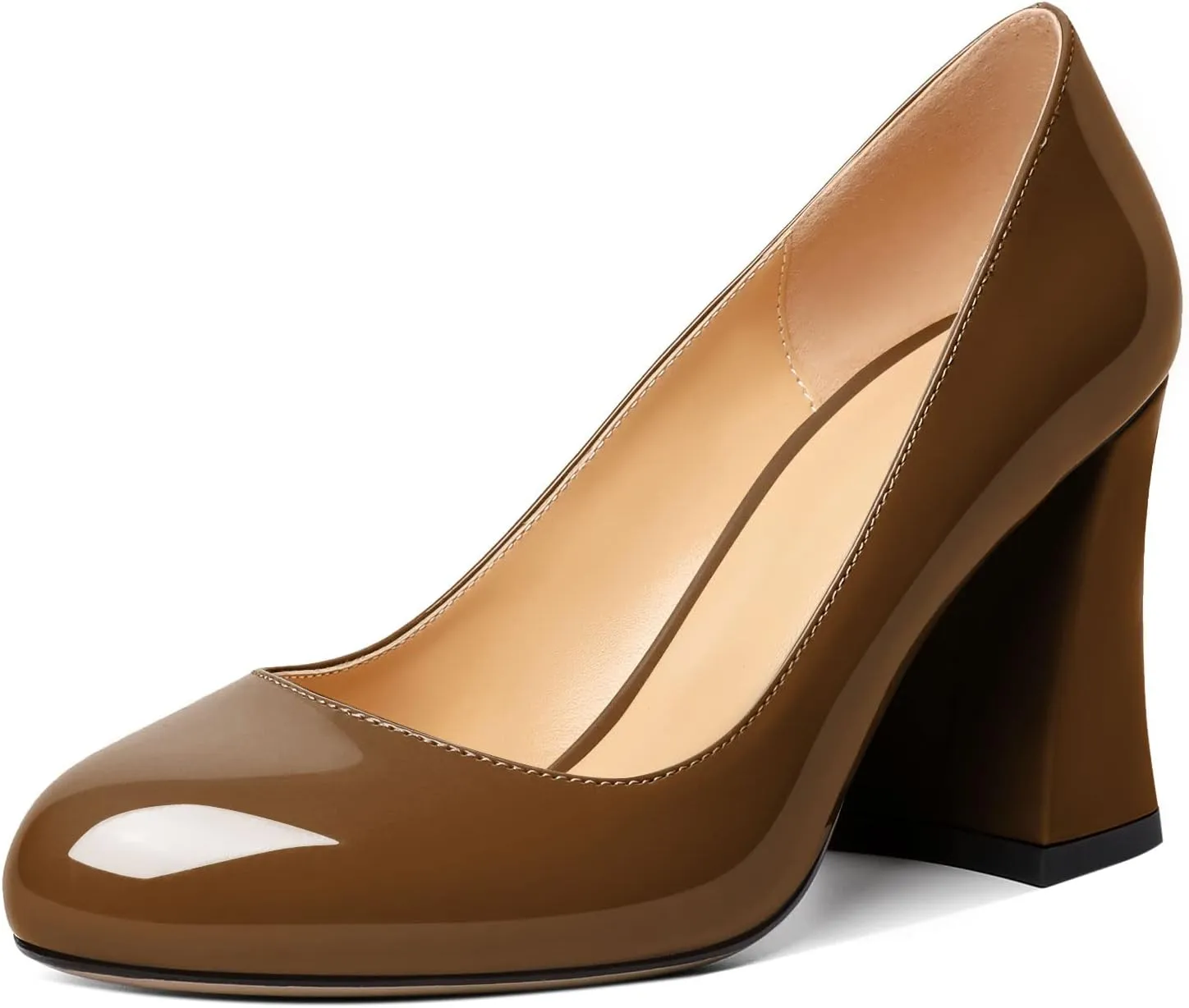 SAMMITOP Women's Chunky Block High Heeled Round Closed Toe Pumps Slip on Heels Comfortable Casual Wedding Dress Shoes