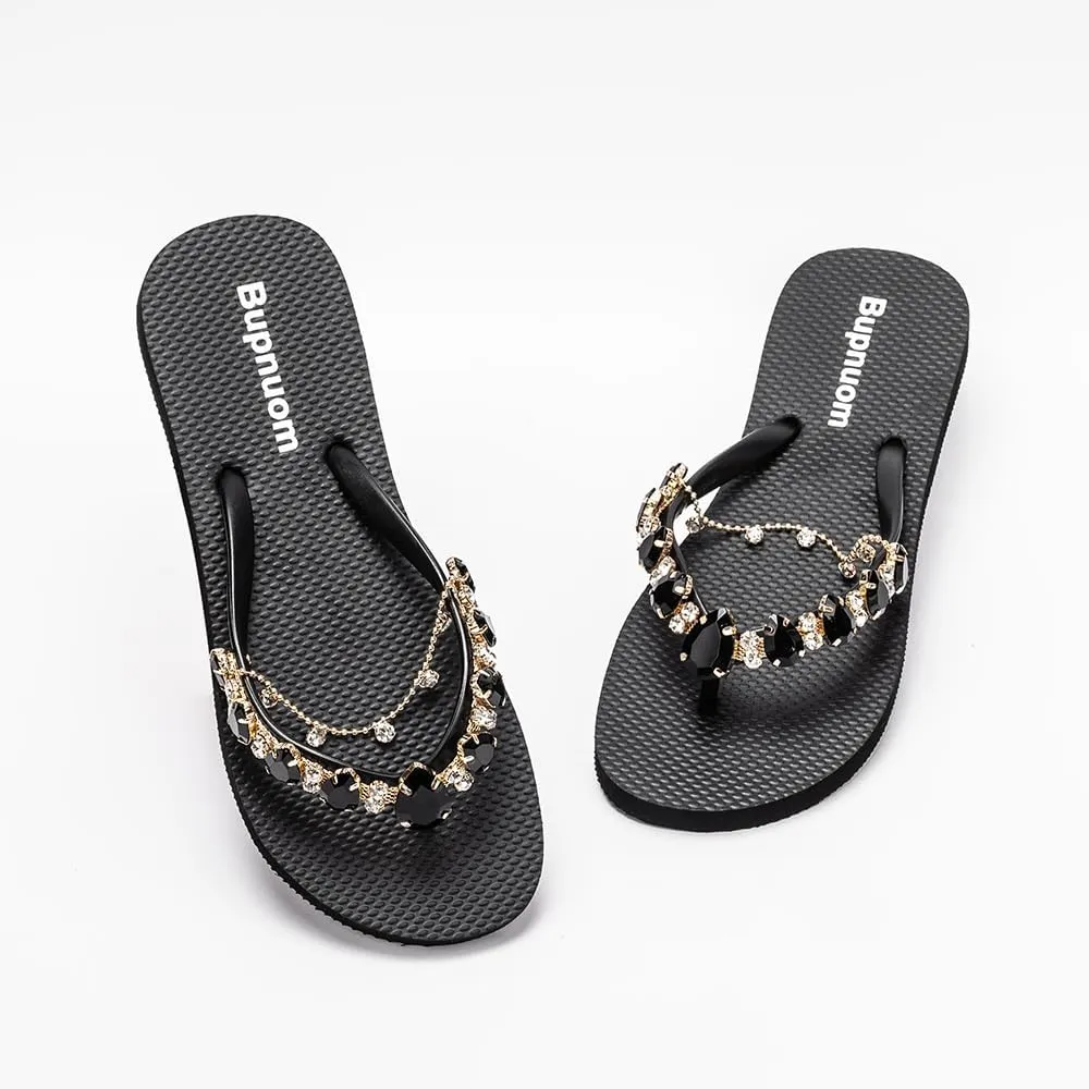 Sandals Women Flat, Open Toe Sandals Slip-on Comfortable Flat Sandals Non-Slip Thong Sandals with Rhinestone Decoration