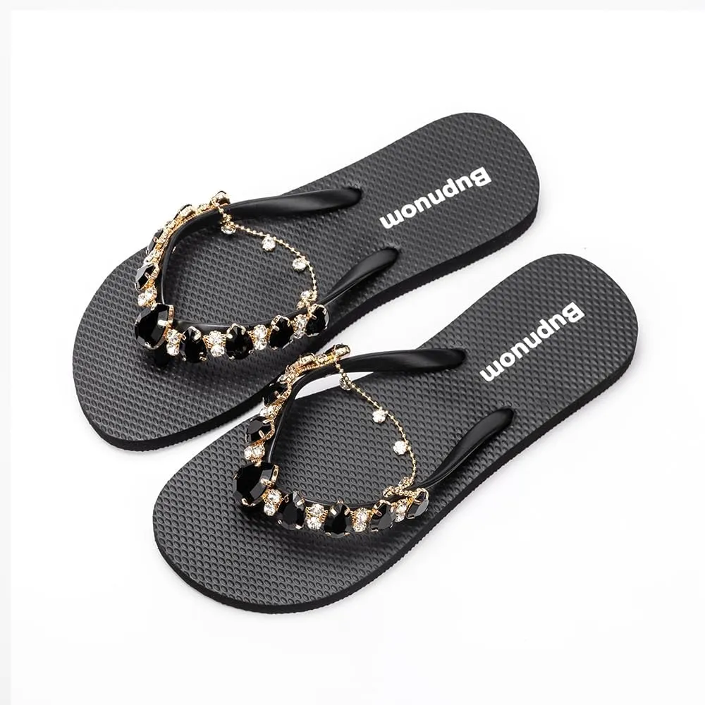 Sandals Women Flat, Open Toe Sandals Slip-on Comfortable Flat Sandals Non-Slip Thong Sandals with Rhinestone Decoration