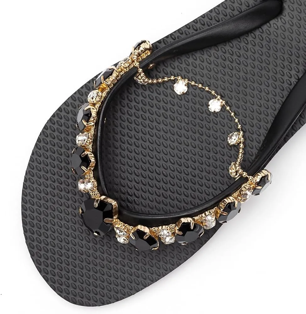 Sandals Women Flat, Open Toe Sandals Slip-on Comfortable Flat Sandals Non-Slip Thong Sandals with Rhinestone Decoration