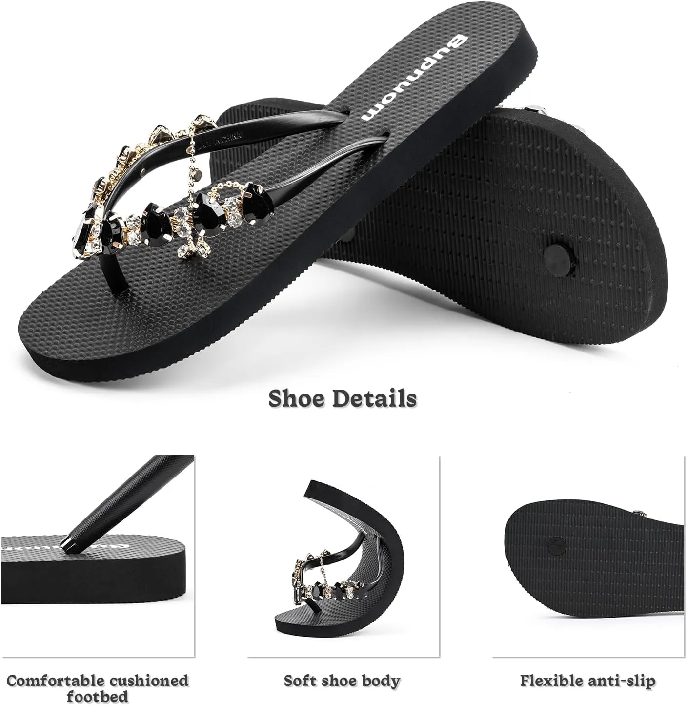 Sandals Women Flat, Open Toe Sandals Slip-on Comfortable Flat Sandals Non-Slip Thong Sandals with Rhinestone Decoration