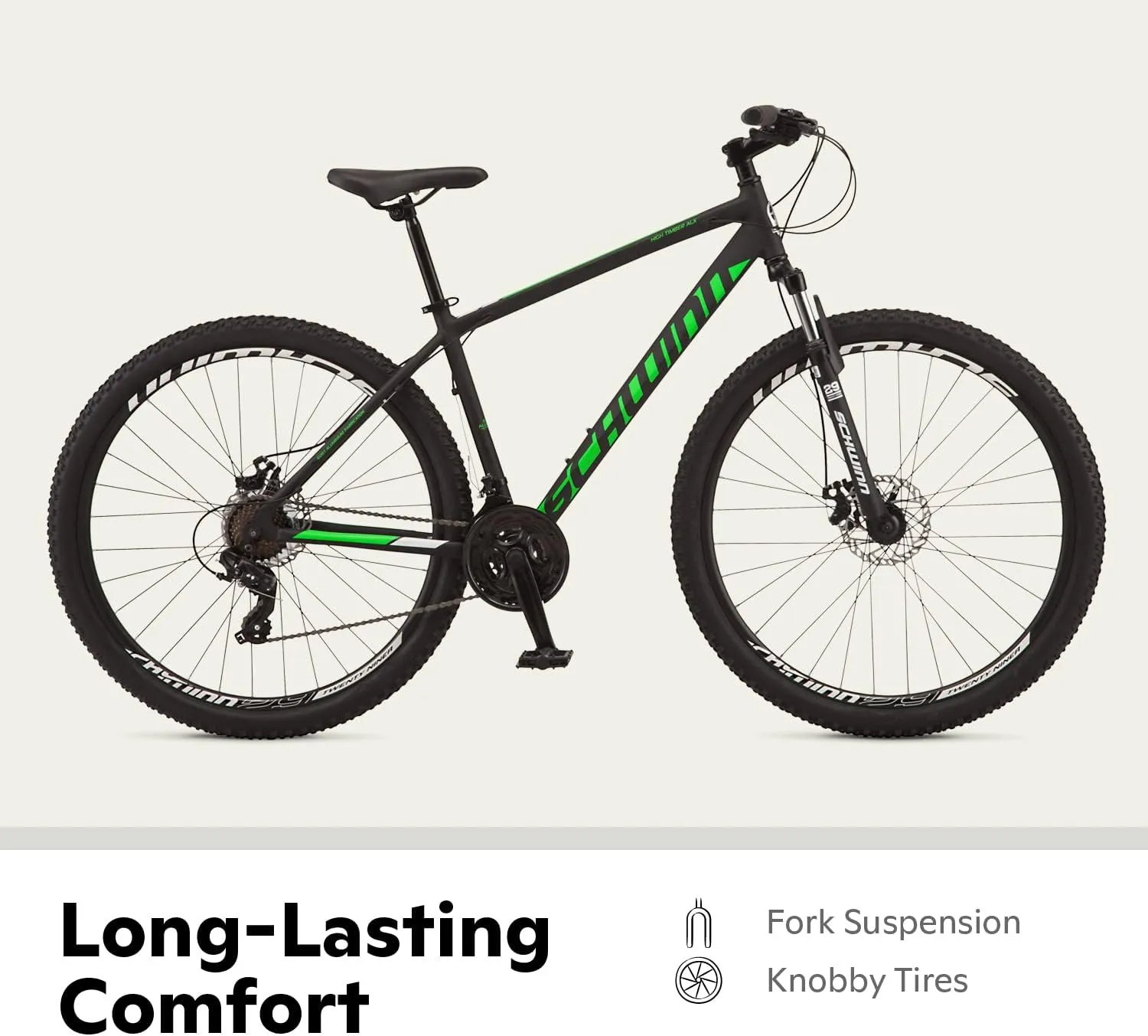 Schwinn High Timber Mountain Bike for Adult Youth Men Women Boys Girls, 24 to 29-Inch Wheels, 7 or 21-Speeds, Front Suspension, Aluminum and Steel Frame Options