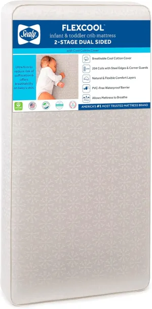 Sealy Baby Flex Cool Breathable 2 Stage Waterproof Crib Mattress plus Toddler Bed Fit, Airy Cotton Cover, 204 Premium Coils, GREENGUARD Gold Certified, Safety & Quality Tested, Made in USA, 52"X28"