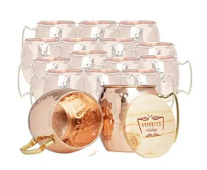 Set of 16 Advanced Mixology Moscow Mule 100% Pure Copper Mugs - 16 Ounce with 16 Artisan Hand Crafted Wooden Coasters - Barrel With Brass Handle