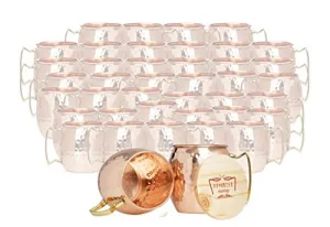 Set of 40 100% Pure Copper Moscow Mule Mugs By Advanced Mixology (16 oz each) with 40 Artisan Hand Crafted Wooden Coasters - Barrel With Brass Handle