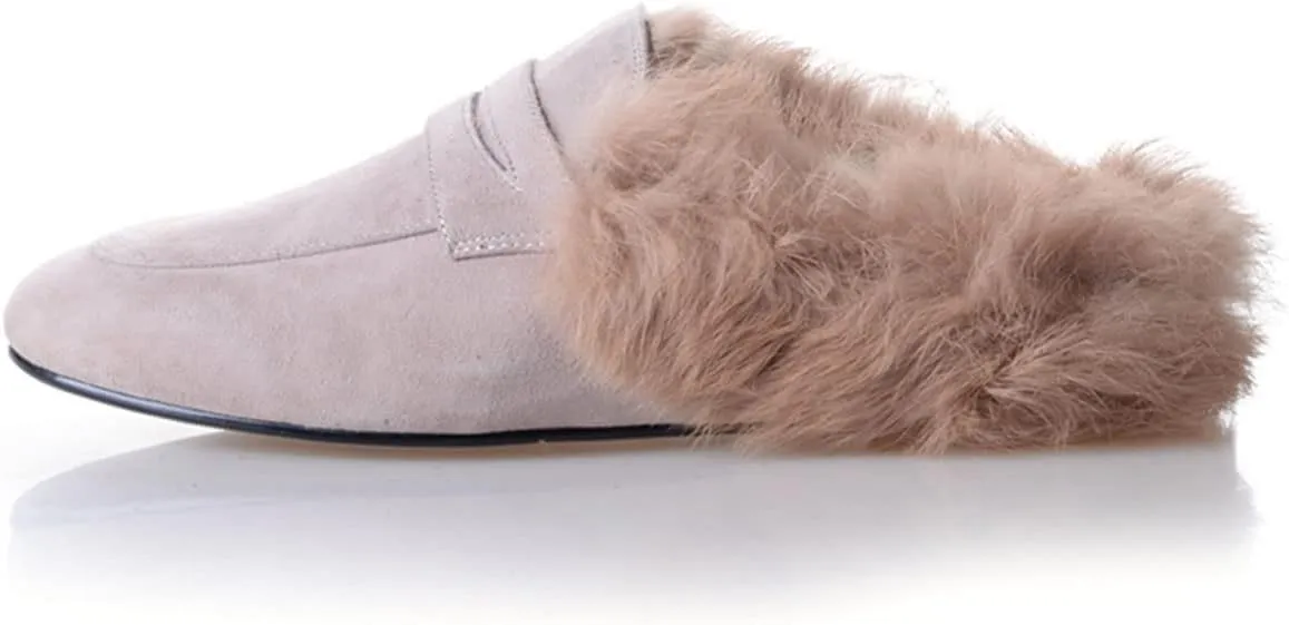 SHEMEE Women's Genuine Leather Fluffy Furry Fur Mules Slides Flats Low Heel Slip On Suede Loafers Closed Round Toe Backless Slippers Shoes
