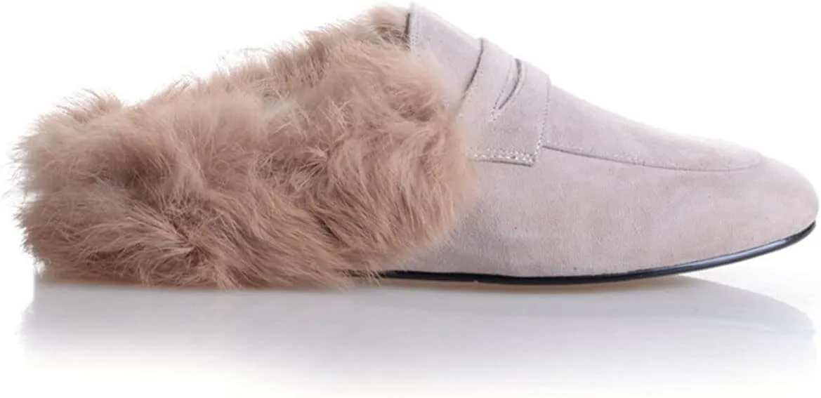 SHEMEE Women's Genuine Leather Fluffy Furry Fur Mules Slides Flats Low Heel Slip On Suede Loafers Closed Round Toe Backless Slippers Shoes
