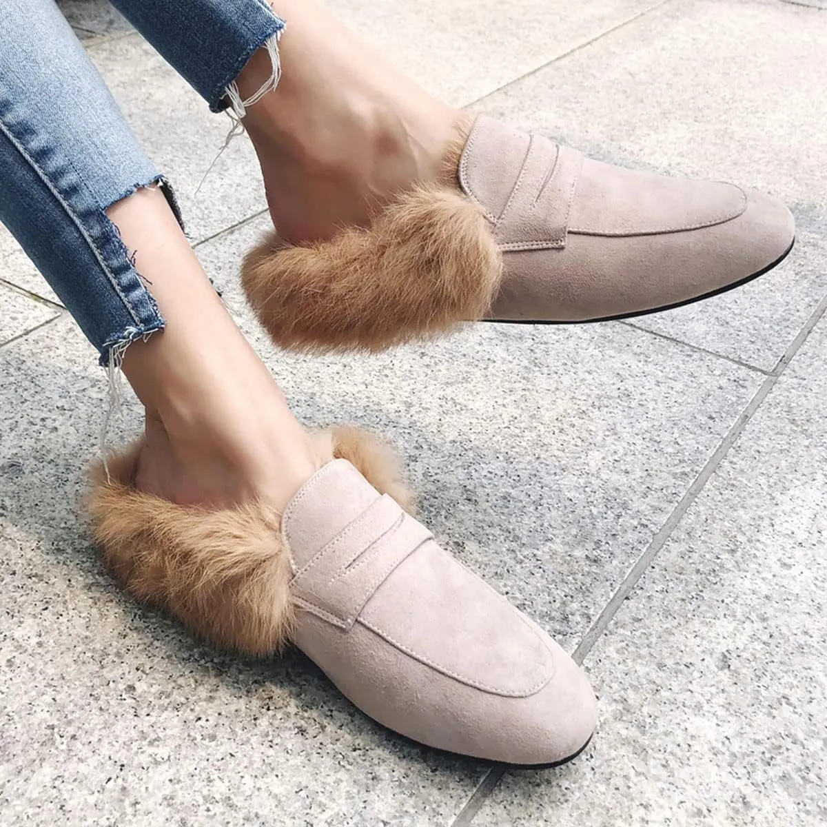 SHEMEE Women's Genuine Leather Fluffy Furry Fur Mules Slides Flats Low Heel Slip On Suede Loafers Closed Round Toe Backless Slippers Shoes