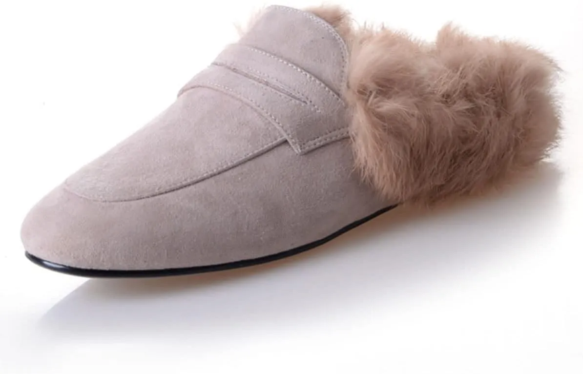 SHEMEE Women's Genuine Leather Fluffy Furry Fur Mules Slides Flats Low Heel Slip On Suede Loafers Closed Round Toe Backless Slippers Shoes