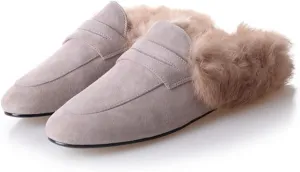 SHEMEE Women's Genuine Leather Fluffy Furry Fur Mules Slides Flats Low Heel Slip On Suede Loafers Closed Round Toe Backless Slippers Shoes