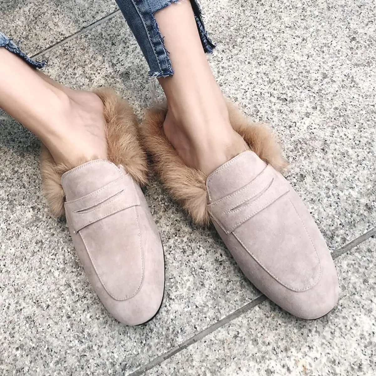 SHEMEE Women's Genuine Leather Fluffy Furry Fur Mules Slides Flats Low Heel Slip On Suede Loafers Closed Round Toe Backless Slippers Shoes
