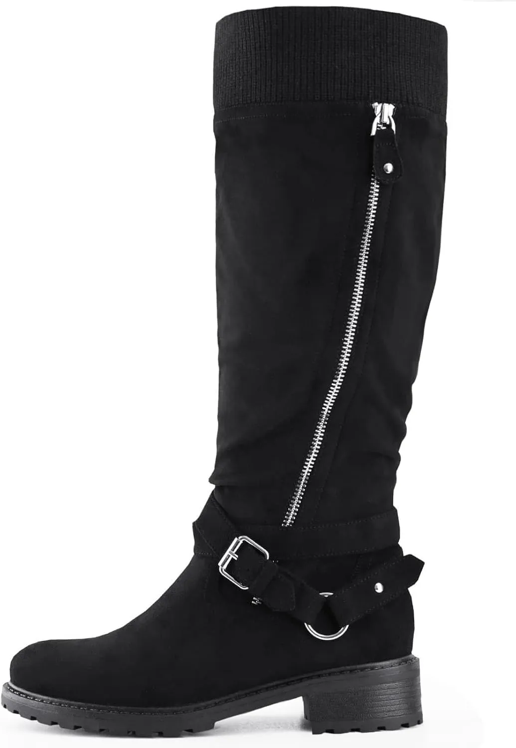 Shoe'N Tale Women's Wide Calf Knee High Boots Stretchy Low Heel Round Toe Winter Boots with Side Zipper
