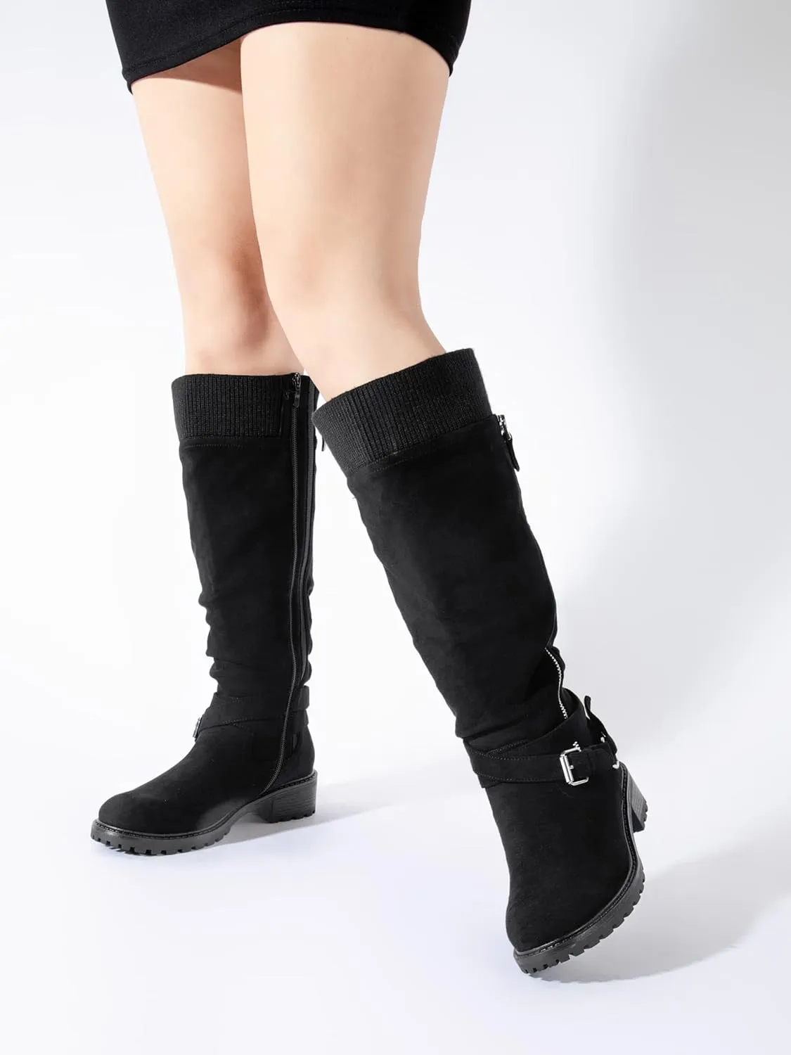 Shoe'N Tale Women's Wide Calf Knee High Boots Stretchy Low Heel Round Toe Winter Boots with Side Zipper