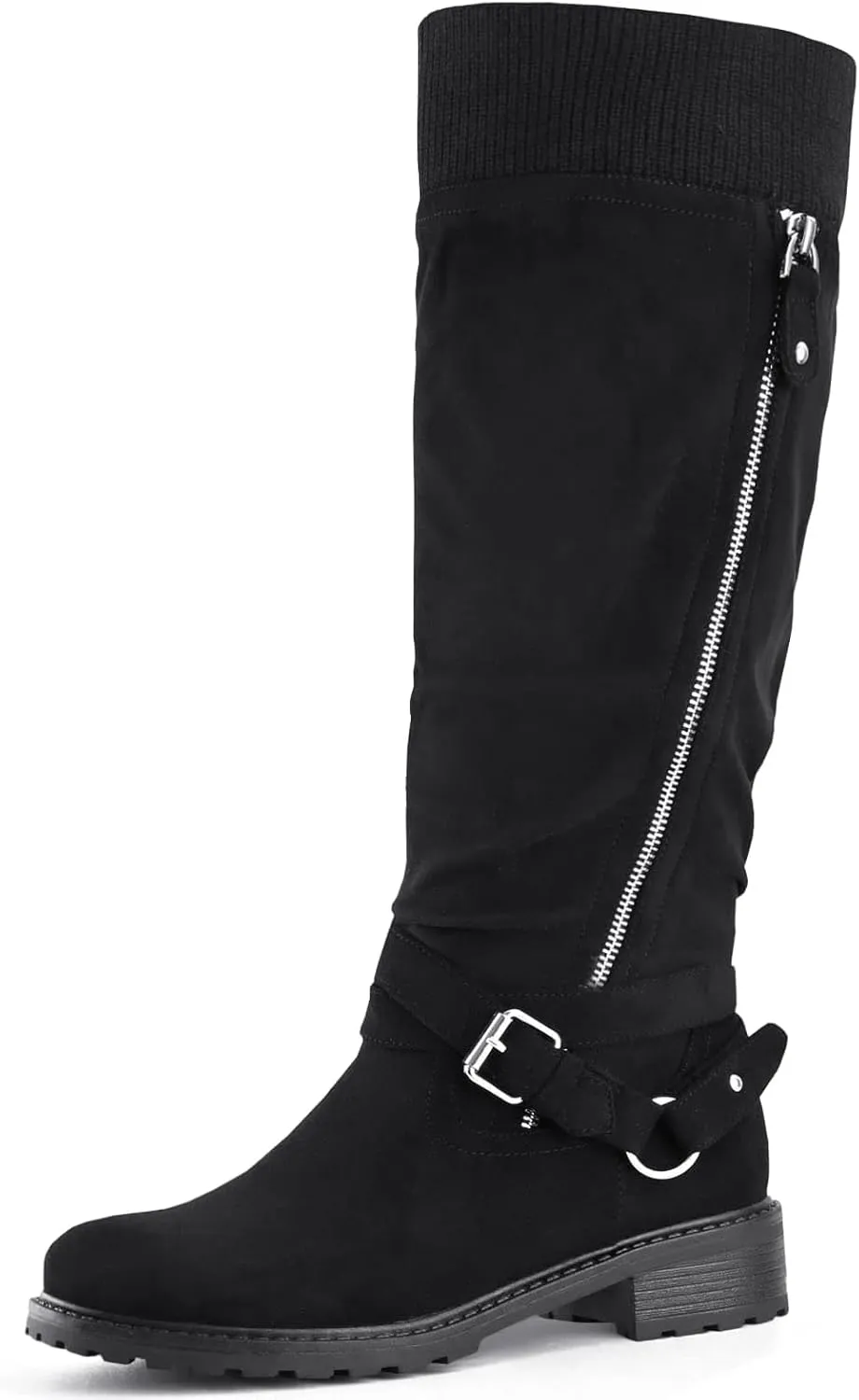 Shoe'N Tale Women's Wide Calf Knee High Boots Stretchy Low Heel Round Toe Winter Boots with Side Zipper