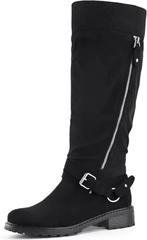 Shoe'N Tale Women's Wide Calf Knee High Boots Stretchy Low Heel Round Toe Winter Boots with Side Zipper
