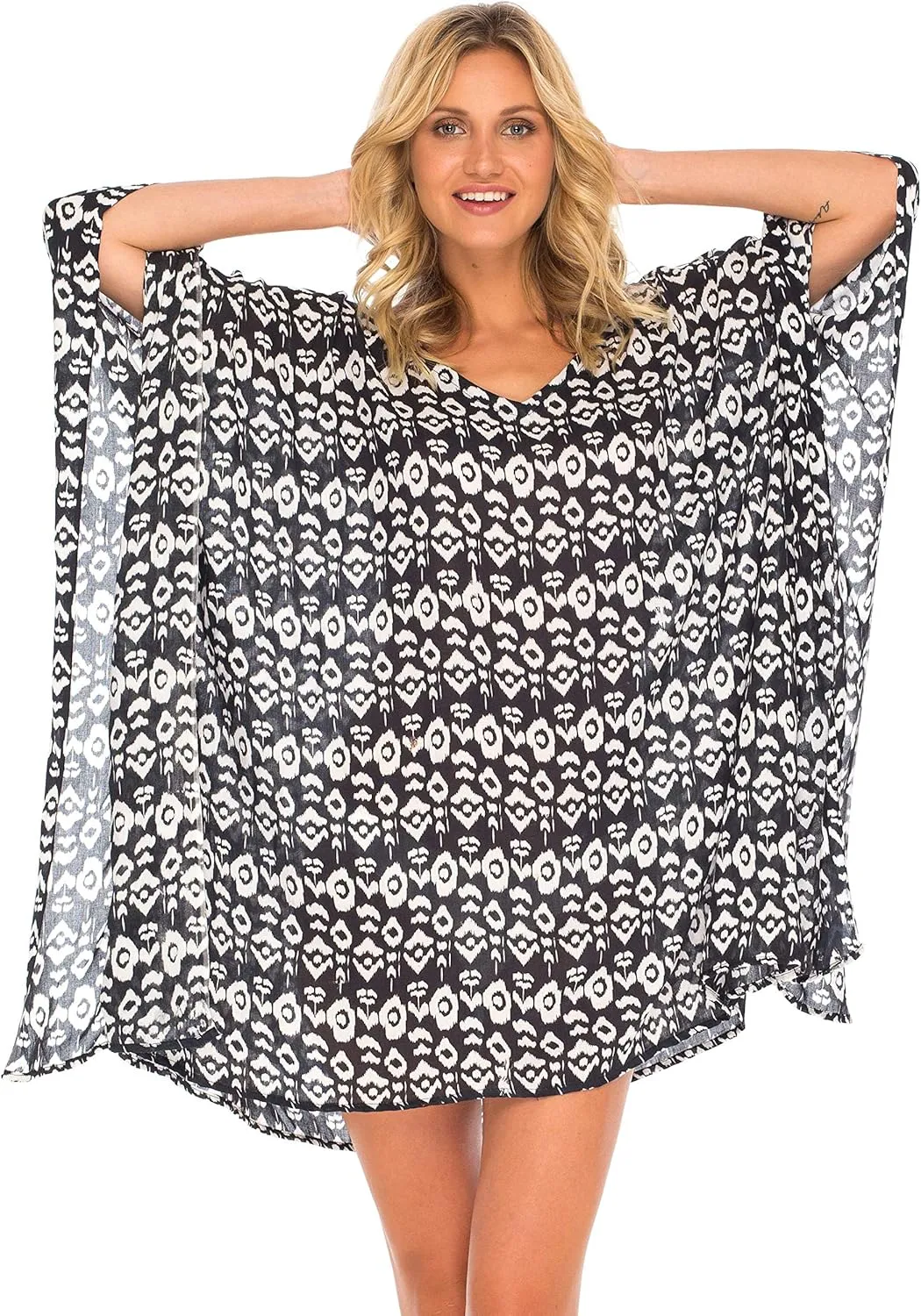 SHU-SHI Womens Short Beach Swimsuit Cover Up Poncho Dress Kaftan Loose Top Floral