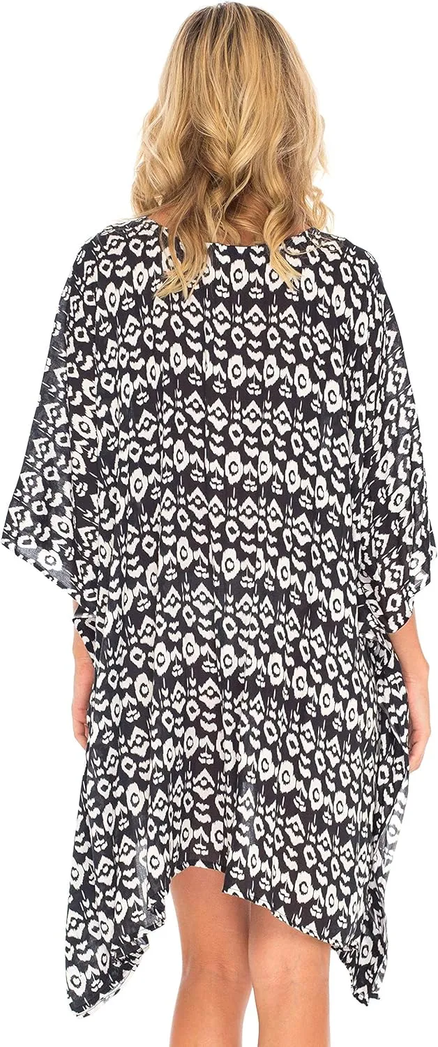 SHU-SHI Womens Short Beach Swimsuit Cover Up Poncho Dress Kaftan Loose Top Floral