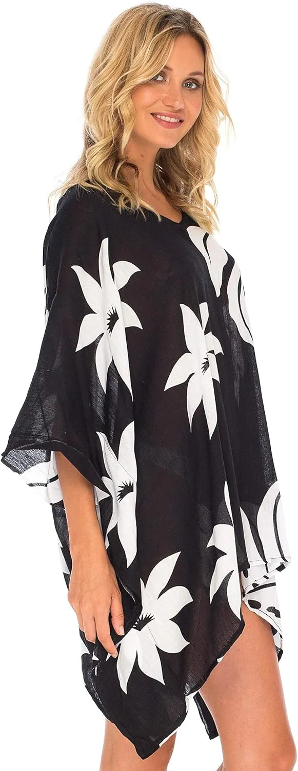 SHU-SHI Womens Short Beach Swimsuit Cover Up Poncho Dress Kaftan Loose Top Floral