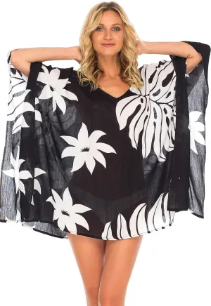 SHU-SHI Womens Short Beach Swimsuit Cover Up Poncho Dress Kaftan Loose Top Floral