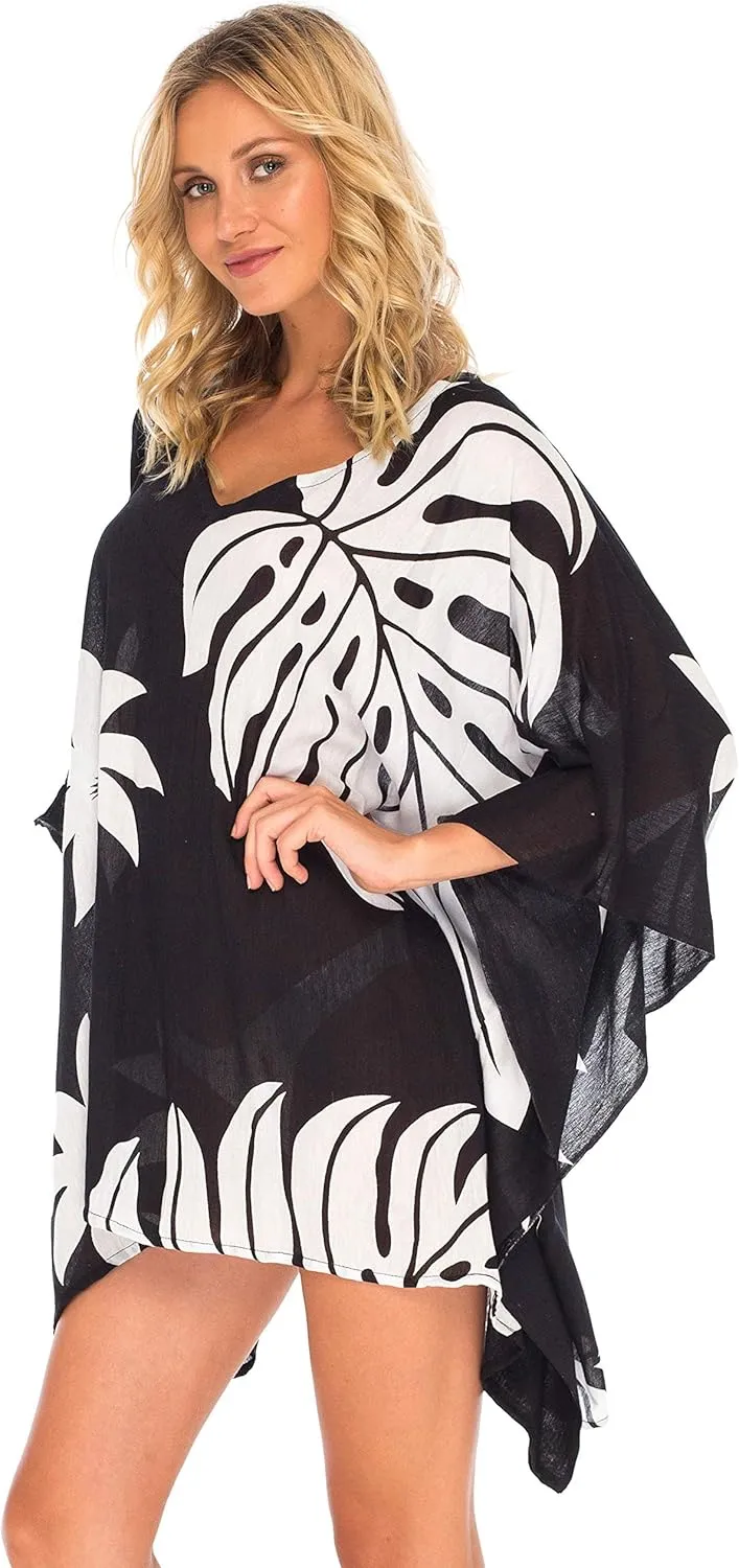 SHU-SHI Womens Short Beach Swimsuit Cover Up Poncho Dress Kaftan Loose Top Floral