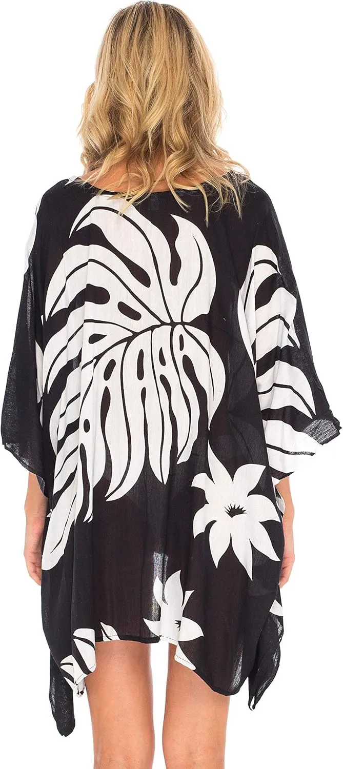 SHU-SHI Womens Short Beach Swimsuit Cover Up Poncho Dress Kaftan Loose Top Floral
