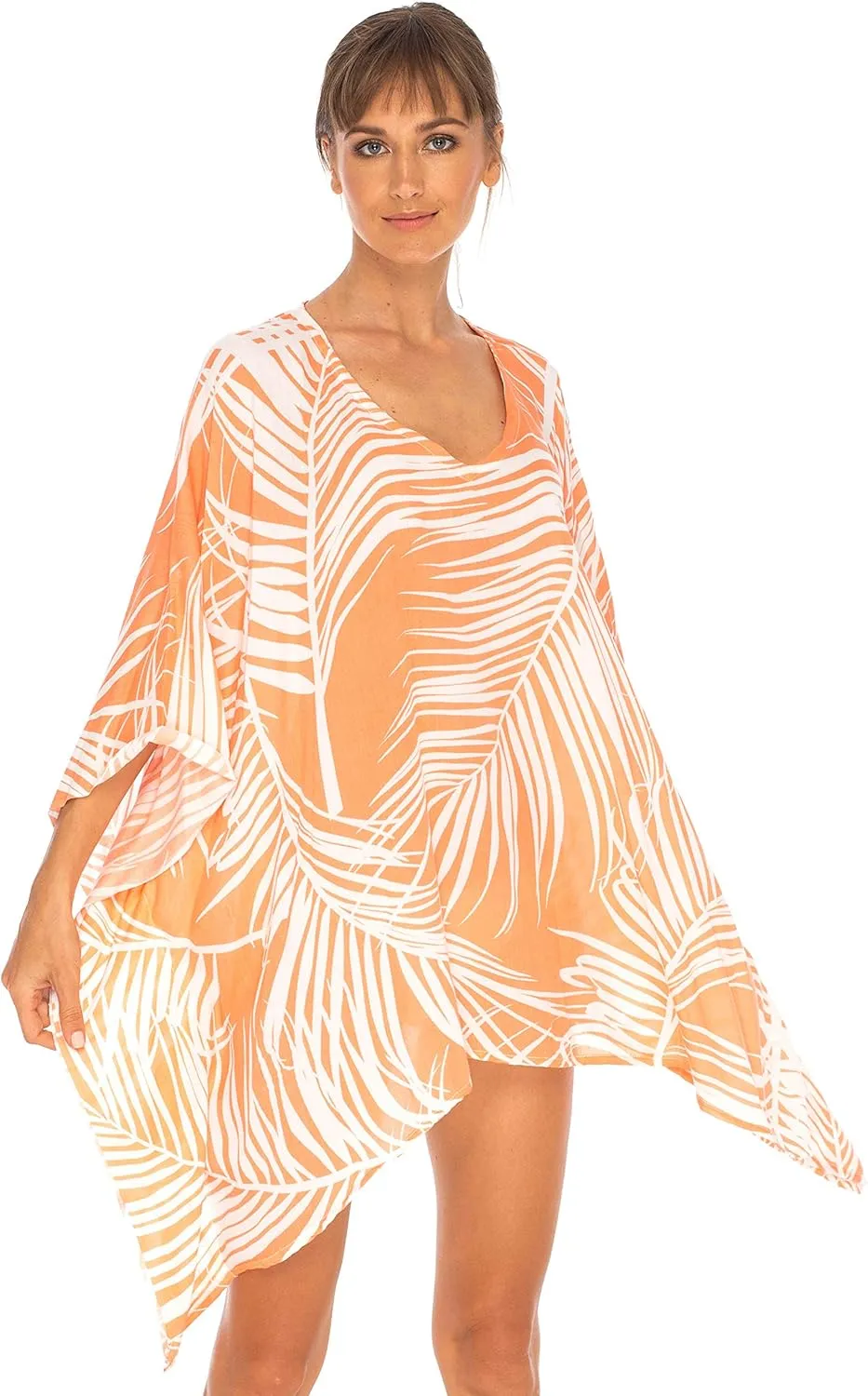 SHU-SHI Womens Short Beach Swimsuit Cover Up Poncho Dress Kaftan Loose Top Floral