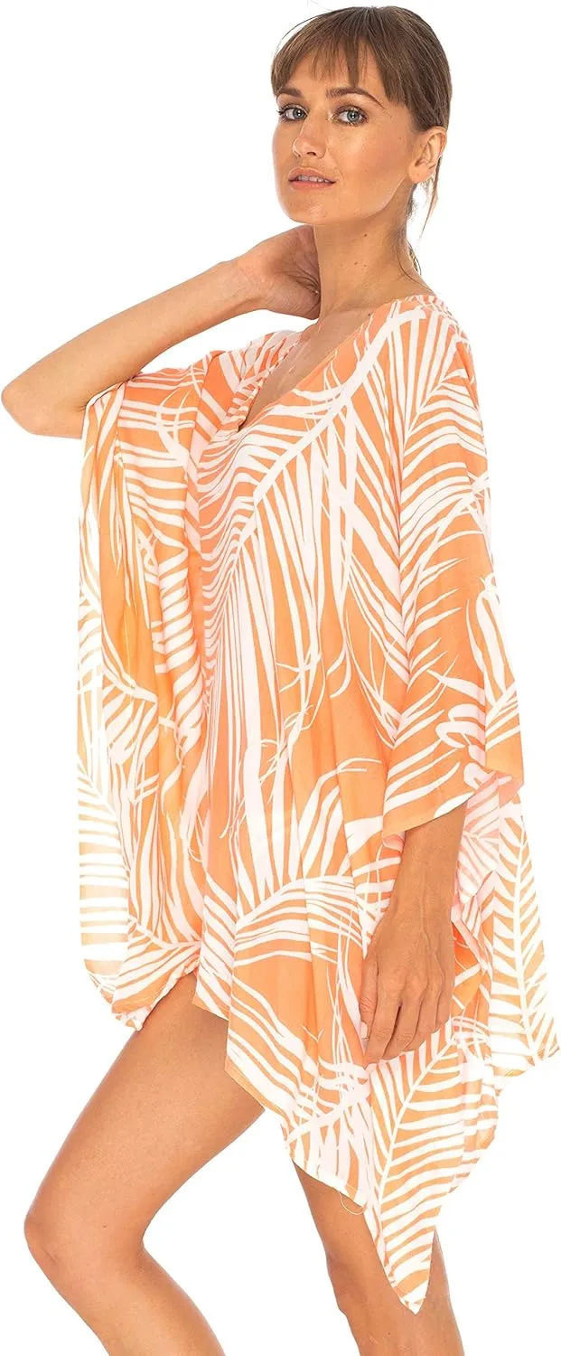 SHU-SHI Womens Short Beach Swimsuit Cover Up Poncho Dress Kaftan Loose Top Floral