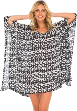 SHU-SHI Womens Short Beach Swimsuit Cover Up Poncho Dress Kaftan Loose Top Floral