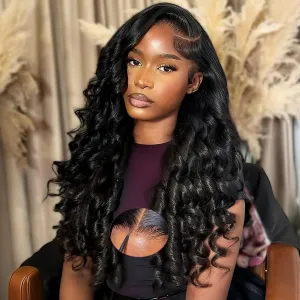 Side Part Layered Curtain Bangs Wig Human Hair 9x6 Glueless Wigs Human Hair Pre Plucked Pre Cut Loose Body Wave 220 Density HD Lace Clourse Front Wigs with Bangs for Black Women 28 Inch