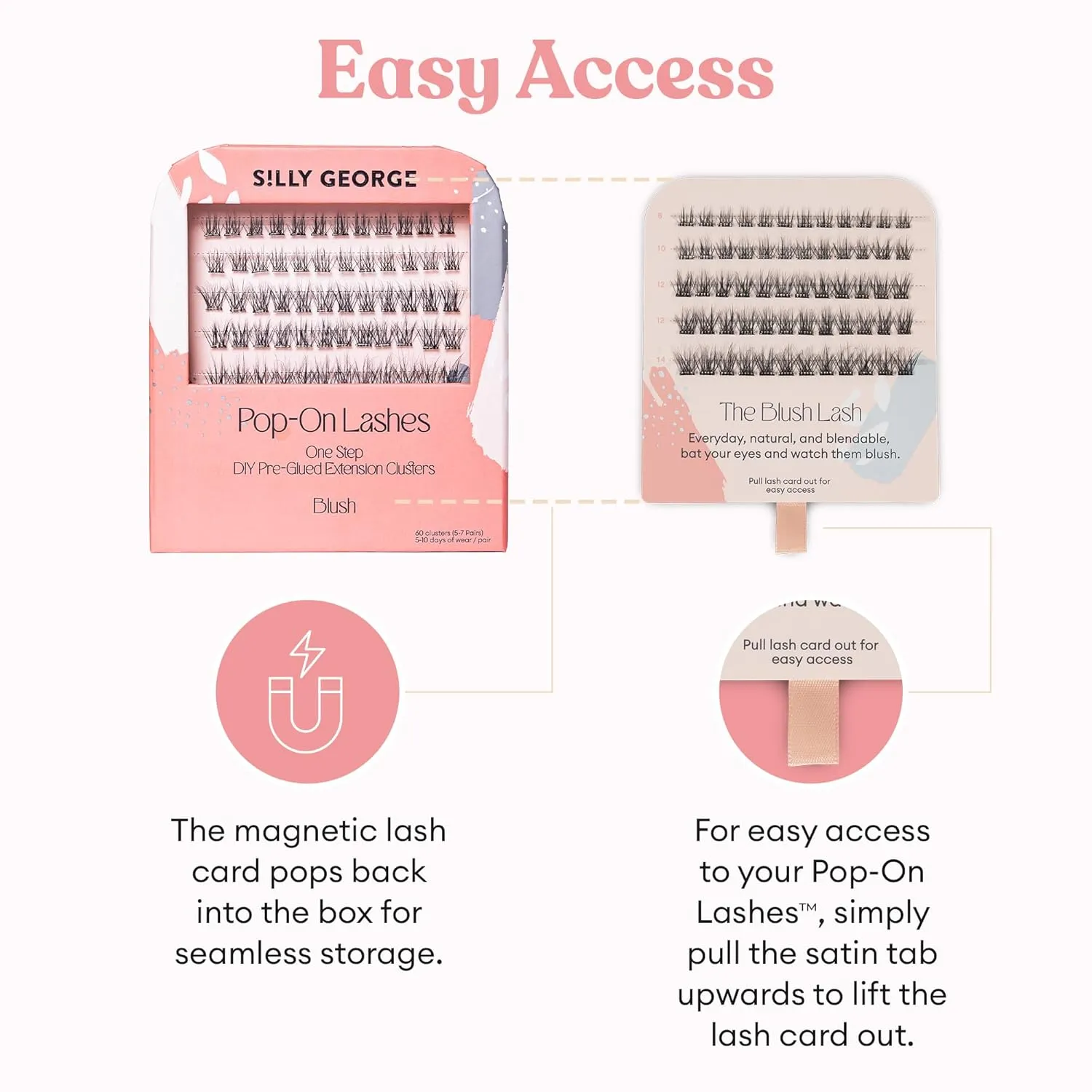 Silly George Pop-On Lashes - DIY 1-Step Pre-Glued Faux Eyelash Clusters, Natural Look Extensions, Black - Blush, 5-7 Pair Set, Pack of 60 Clusters