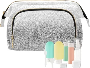 Silver White Glitter and Glare with Stars Pattern Women Cosmetic Bag Makeup Bag Stylish Trip Beauty Bag Travel Toiletry Bag with Bottle Organizer 10.2 x 5.9 x 6.7 inch