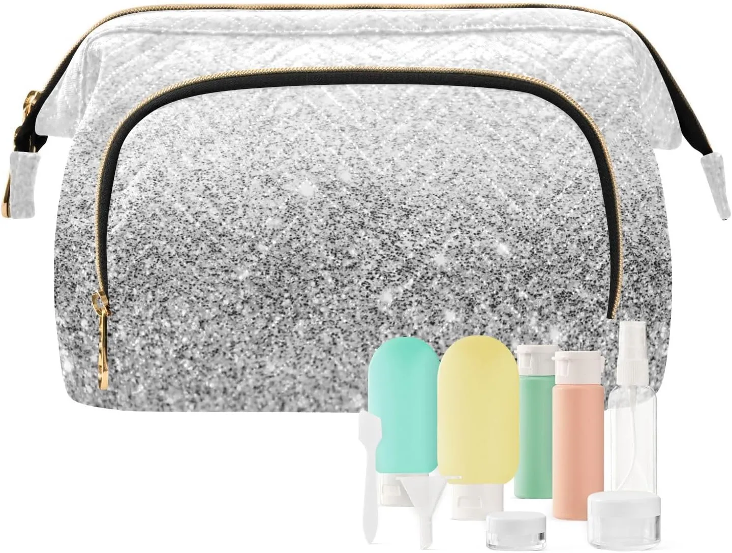 Silver White Glitter and Glare with Stars Pattern Women Cosmetic Bag Makeup Bag Stylish Trip Beauty Bag Travel Toiletry Bag with Bottle Organizer 10.2 x 5.9 x 6.7 inch