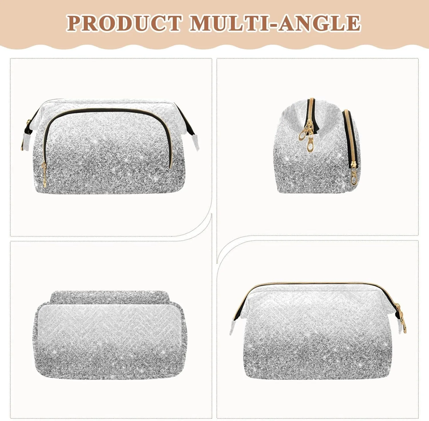Silver White Glitter and Glare with Stars Pattern Women Cosmetic Bag Makeup Bag Stylish Trip Beauty Bag Travel Toiletry Bag with Bottle Organizer 10.2 x 5.9 x 6.7 inch