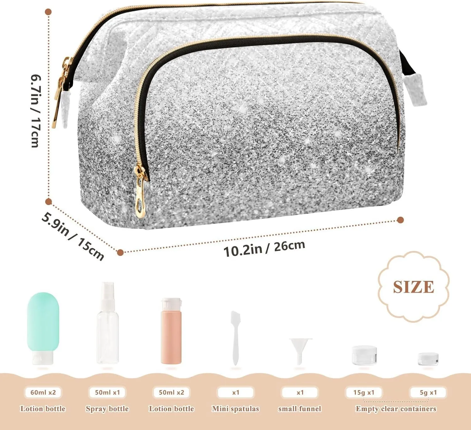 Silver White Glitter and Glare with Stars Pattern Women Cosmetic Bag Makeup Bag Stylish Trip Beauty Bag Travel Toiletry Bag with Bottle Organizer 10.2 x 5.9 x 6.7 inch