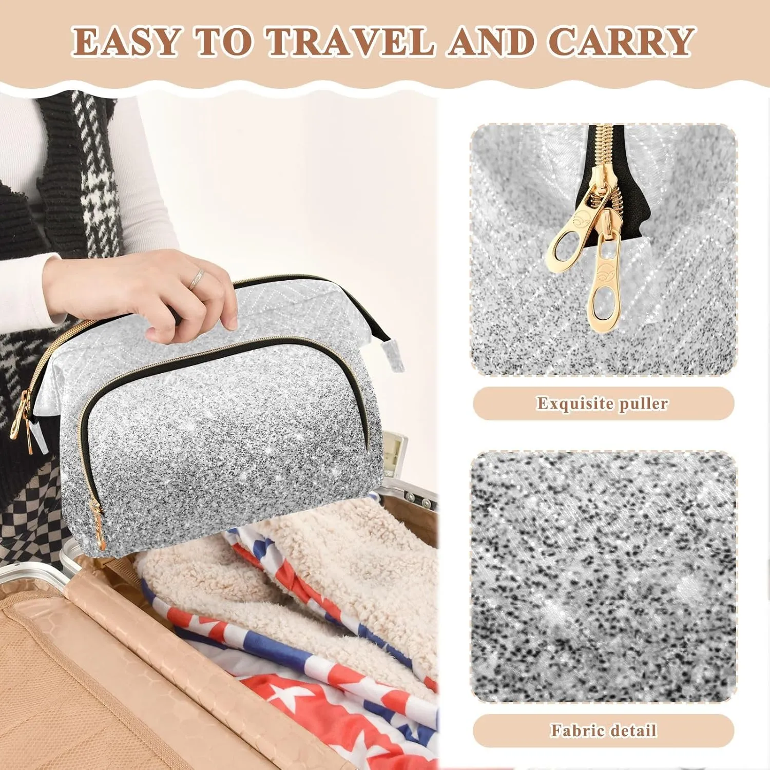 Silver White Glitter and Glare with Stars Pattern Women Cosmetic Bag Makeup Bag Stylish Trip Beauty Bag Travel Toiletry Bag with Bottle Organizer 10.2 x 5.9 x 6.7 inch