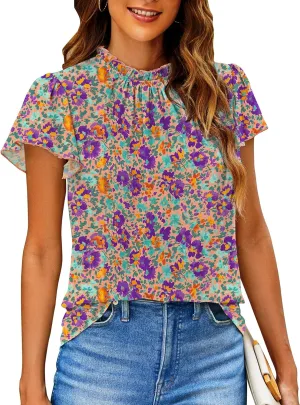 SimpleFun Women Boho Shirts Floral Ruffle Short Sleeve Mock Neck Flowy Casual Summer Blouses Tops