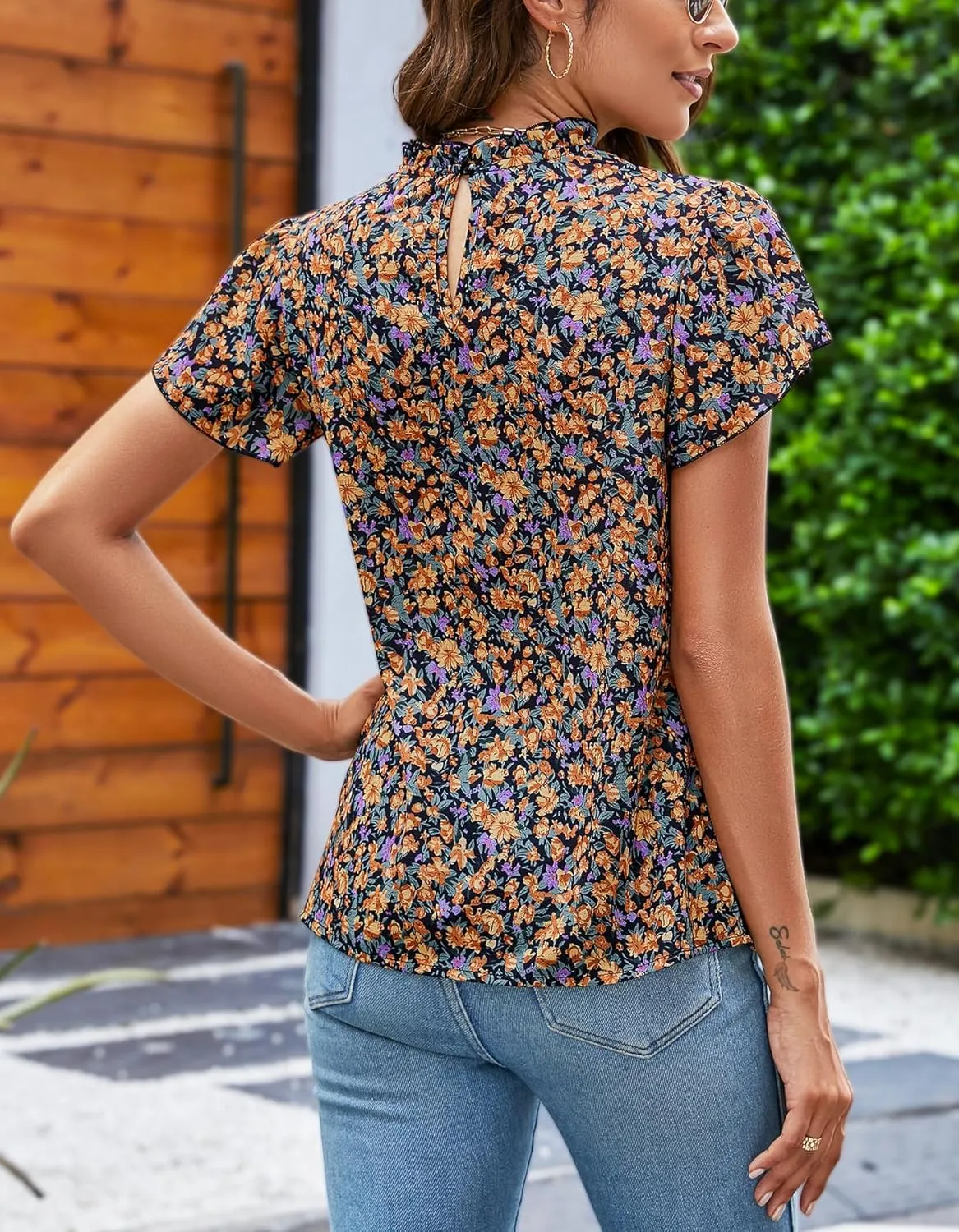 SimpleFun Women Boho Shirts Floral Ruffle Short Sleeve Mock Neck Flowy Casual Summer Blouses Tops