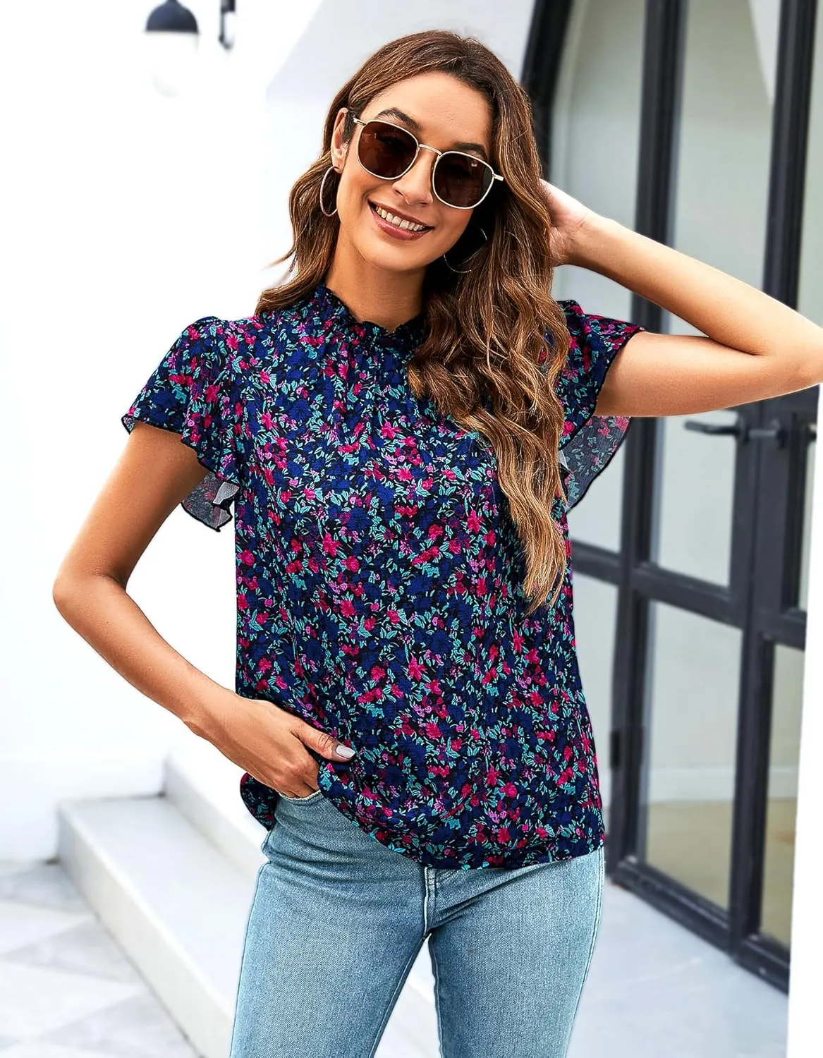 SimpleFun Women Boho Shirts Floral Ruffle Short Sleeve Mock Neck Flowy Casual Summer Blouses Tops