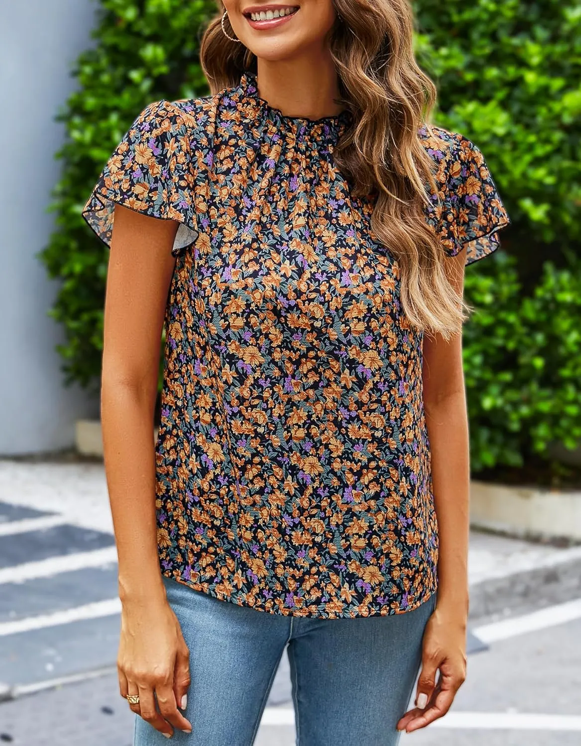 SimpleFun Women Boho Shirts Floral Ruffle Short Sleeve Mock Neck Flowy Casual Summer Blouses Tops